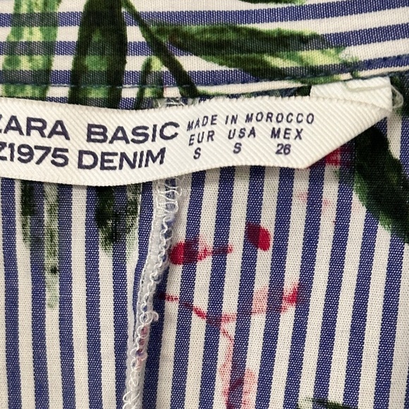 ZARA Basic Denim Blue Floral Striped Button Front, Belted Short Sleeve Dress,  S - Picture 2 of 10